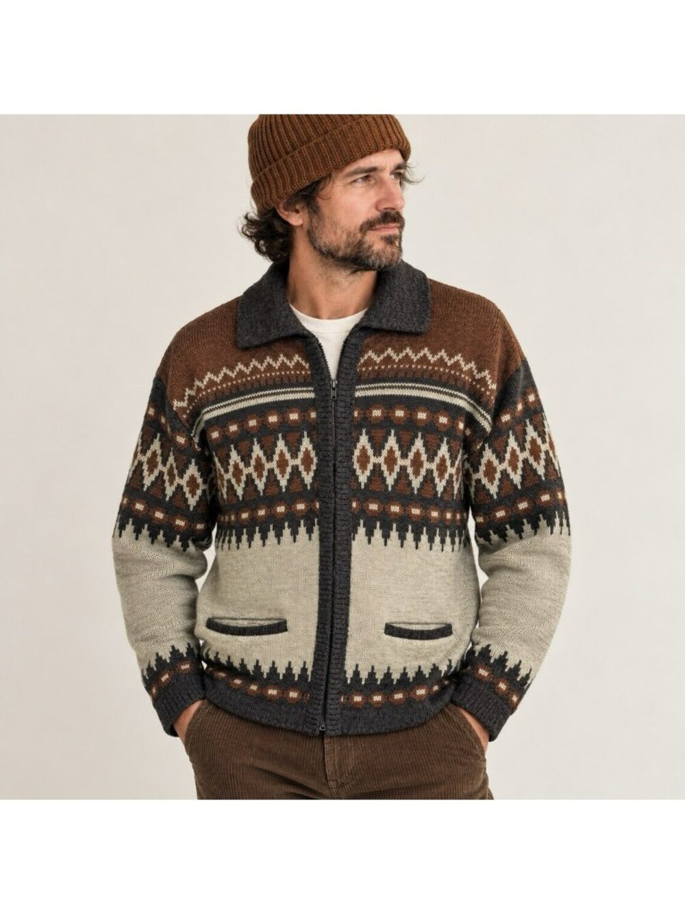 Vintage White Ram 100% Wool Full Zip Sweater Mens Large Western Ranch Cardigan